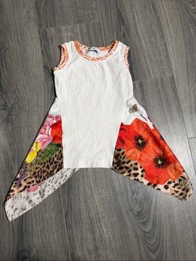 MonnaLisa White Tank with Red Floral & Leopard Handkerchief Hem
